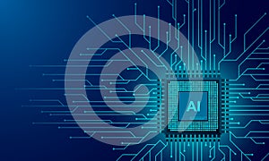 Artificial intelligence web banner. 3D isometric illustration of a processor chip. The process of data processing. Developments in