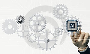 Artificial intelligence web banner. of a processor chip and tablet. The process of data processing.