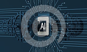 Artificial intelligence web banner. of a processor chip and tablet. The process of data processing.