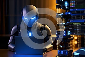 artificial intelligence work. Robot works with laptop at table in dark room background with gadgets in light.Training of