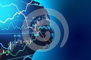 Artificial intellingence trading concept with robot silhouette at blue background and forex chart data with financial graphs