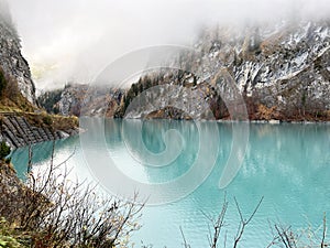 Artificial Lake Gigerwaldsee or reservoir Gigerwald Lake in the UNESCO World Heritage Tectonic Arena Sardona / UNESCO-Welterbe