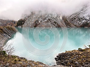 Artificial Lake Gigerwaldsee or reservoir Gigerwald Lake in the UNESCO World Heritage Tectonic Arena Sardona / UNESCO-Welterbe