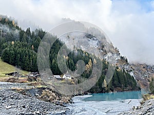 Artificial Lake Gigerwaldsee or reservoir Gigerwald Lake in the UNESCO World Heritage Tectonic Arena Sardona / UNESCO-Welterbe