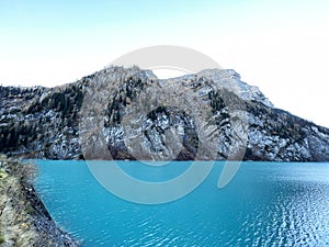 Artificial Lake Gigerwaldsee or reservoir Gigerwald Lake in the UNESCO World Heritage Tectonic Arena Sardona / UNESCO-Welterbe