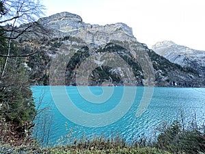 Artificial Lake Gigerwaldsee or reservoir Gigerwald Lake in the UNESCO World Heritage Tectonic Arena Sardona / UNESCO-Welterbe