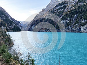 Artificial Lake Gigerwaldsee or reservoir Gigerwald Lake in the UNESCO World Heritage Tectonic Arena Sardona / UNESCO-Welterbe