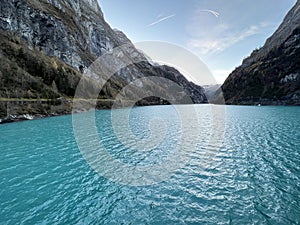 Artificial Lake Gigerwaldsee or reservoir Gigerwald Lake in the UNESCO World Heritage Tectonic Arena Sardona / UNESCO-Welterbe