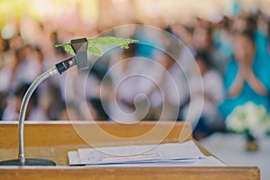 Artificial leaf inserted in the desktop microphone stand on podium in the auditorium
