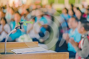 Artificial leaf inserted in the desktop microphone stand on podium in the auditorium