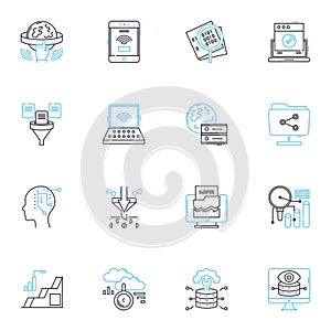 Artificial Learning linear icons set. Algorithm, Data-driven, Automation, Machine, Neural, Intelligence, Perception line