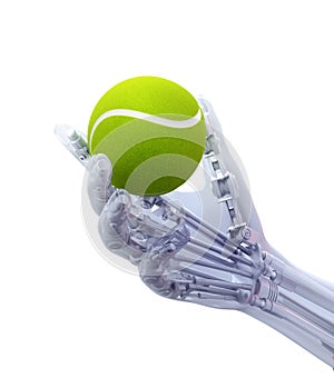 An artificial limb holding a tennis ball