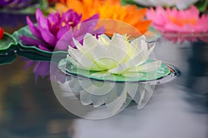 Artificial lotus flowers in various colors floating on the water surface with beautiful reflection.