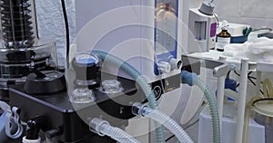 Artificial lung ventilation apparatus works in surgery veterinary clinic. Gas anesthesia machine in the process of