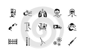 Artificial lung ventilation flat glyph icons set. Coronovirus test and medical equipment for covid-19. Nasal swab