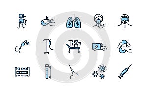 Artificial lung ventilation flat line icons set blue color. Vector illustration coronavirus test and medical equipment