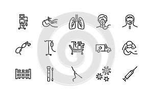 Artificial lung ventilation flat line icons set. Vector illustration coronovirus test and medical equipment for covid-19