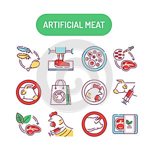 Artificial meat color line icons set. Cultured meat. Meat grown in cell culture instead of inside animals. Pictogram for web page