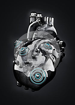 Artificial mechanic chrome heart isolated on black. 3D illustration