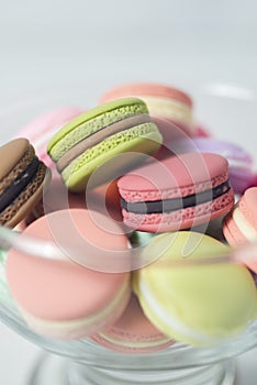 Artificial mini French macarons with various colors on glass isolated on white