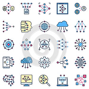 Artificial Neural Network colored icons. AI and Deep Learning vector signs