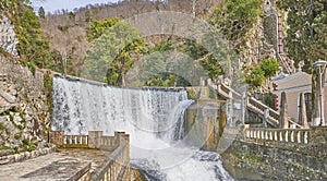 The artificial New Athos waterfall on the river Psyrtskha. Famous tourist sightseeings in New Athos or Akhali Atoni