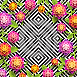 Artificial paper flowers on a abstract geometric black and white background with copy space in the center.