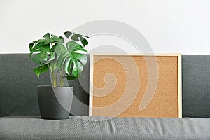 Artificial plant, Philodendron monstera pot and cork board for wording mockup