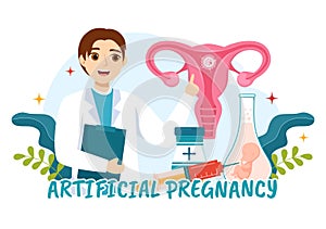 Artificial Pregnancy Vector Illustration with Couple After Successful Embryo Engraftment and Reproductology Health in Cartoon