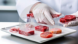 Artificial protein meat grow in laboratory, cell-based synthetic meat , generative by ai