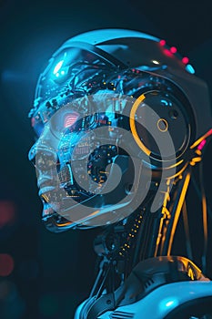 an artificial robot in headphones on dark background 3d illustration