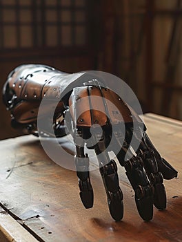 Artificial robotic hand resting on a wooden table