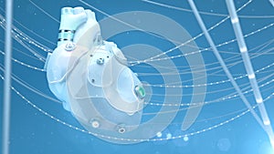 Artificial robotic internal organ - white plastic silicone human replacement heart with glowing parts and wires. Biotech