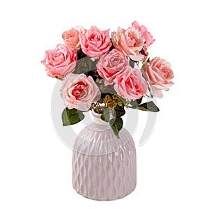 Artificial rose flower like real in stylish vase as modern evergreen ecological decoration for interiors