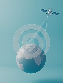 An artificial satellite of cellular communication and GPS rotates in orbit around the earth, transmitting a signal.