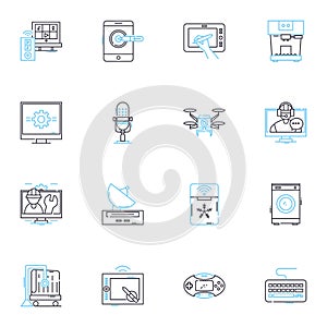 Artificial system linear icons set. Automation, Robotics, Algorithms, Machine learning, Intelligence, Synthesis