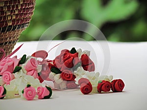 Artificial Thai garlands made of clay, on the box weave and placed on white with natural background..