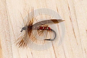 Single Trout Artificial Fishing Dry Fly on Wooden Background