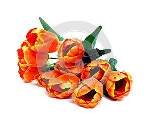 Artificial tulip flowers bouquet on white background
