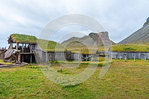 Artificial viking village used as a movie setting at Stokksnes, Iceland