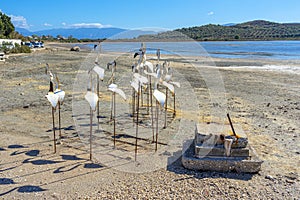 artificial white metal flamingos in the monastery and st.mary of divinity church zone, Albania.