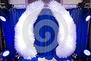 Artificial white wings on a blue background with lighting.