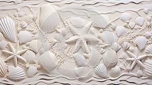 Artificial whitewashed walls mimic beach, adorned with seashell patterns.AI Generated