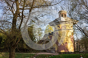 Artificially aged ruin Tower in the Catherine Park of Tsarskoye Selo