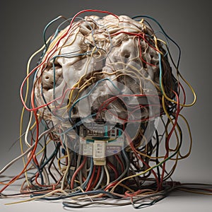 Artificially equipment, futuristically created human brain with variety of different color wires and devices. Mixed mind