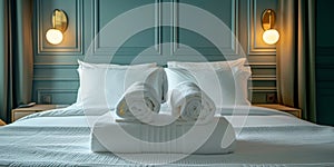 Artificially Generated Image Of A Hotel Room With Tidy Towels On The Bed, Ample Empty Space For Text