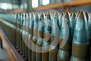 Artillery shells stored in warehouse of weapons factory, row of new metal munition in military storage close-up. Concept of war, photo