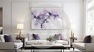 Artinspired Living Room With White Sofas And Purple Walls