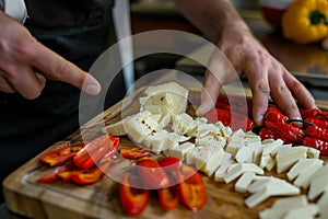 artisan adding finishing touch to a platter with manchego and roasted peppers