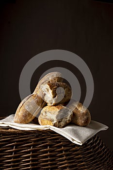 Artisan baguette bread, baking goods in rustic style